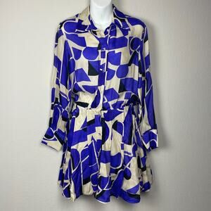 Karina Grimaldi Mini Dress XS Purple Tan Silk Blend‎ Satin Fit Flare Long Sleeve